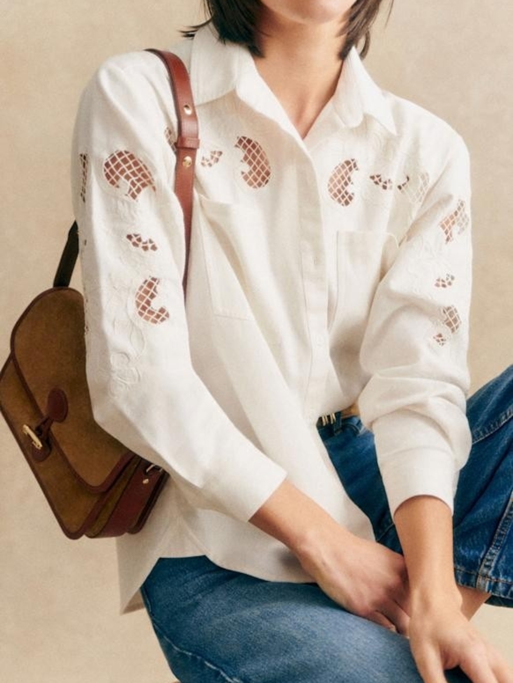 NWT Naora Cut-Out Button Down In Ecru 44